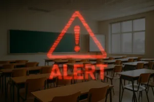 Warning symbol overlaying a smartphone app interface with digital code