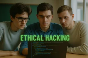 Three university students working on a cybersecurity assignment