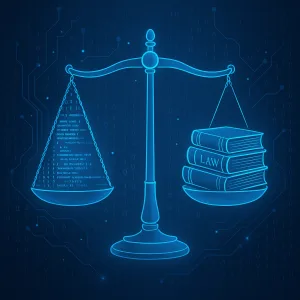Scales of justice balancing code and law in a digital landscape