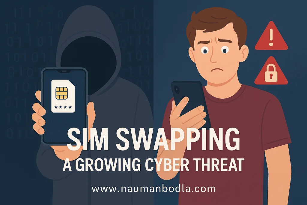Illustration of a hacker stealing mobile identity through SIM swapping, with a concerned user receiving security alerts on their phone