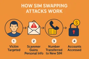 Infographic showing the four-step process of a SIM swapping attack from victim targeting to account access.